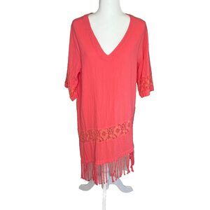 DRAWSTRINGS OF MALIBU Coral Dress Beach Coverup XL Fringe 100% Pre-Shrunk Cotton